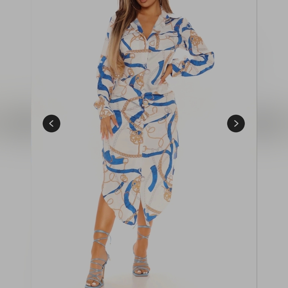 Fashion Nova Long Sleeve Chain Print Maxi Shirt Dress Nautical Cruise New Sz XS